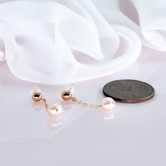 Blush Pearl Dainty Drop Earrings, 14K Gold Filled Ball Post Studs - Picture 8 of 10